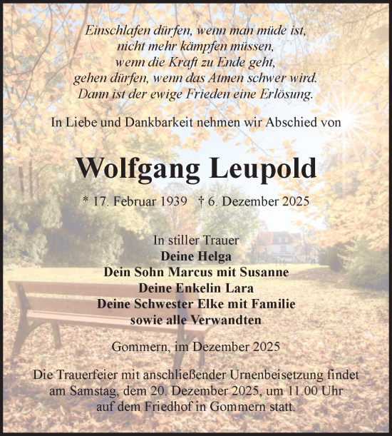 Traueranzeige von Wolfgang Leupold von Volksstimme Burg/Genthin