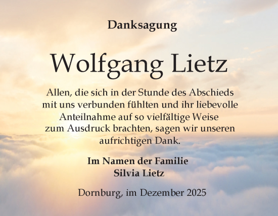 Traueranzeige von Wolfgang Lietz von Volksstimme Zerbst