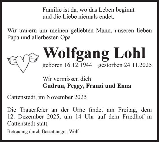 Traueranzeige von Wolfgang Lohl von Volksstimme Wernigerode