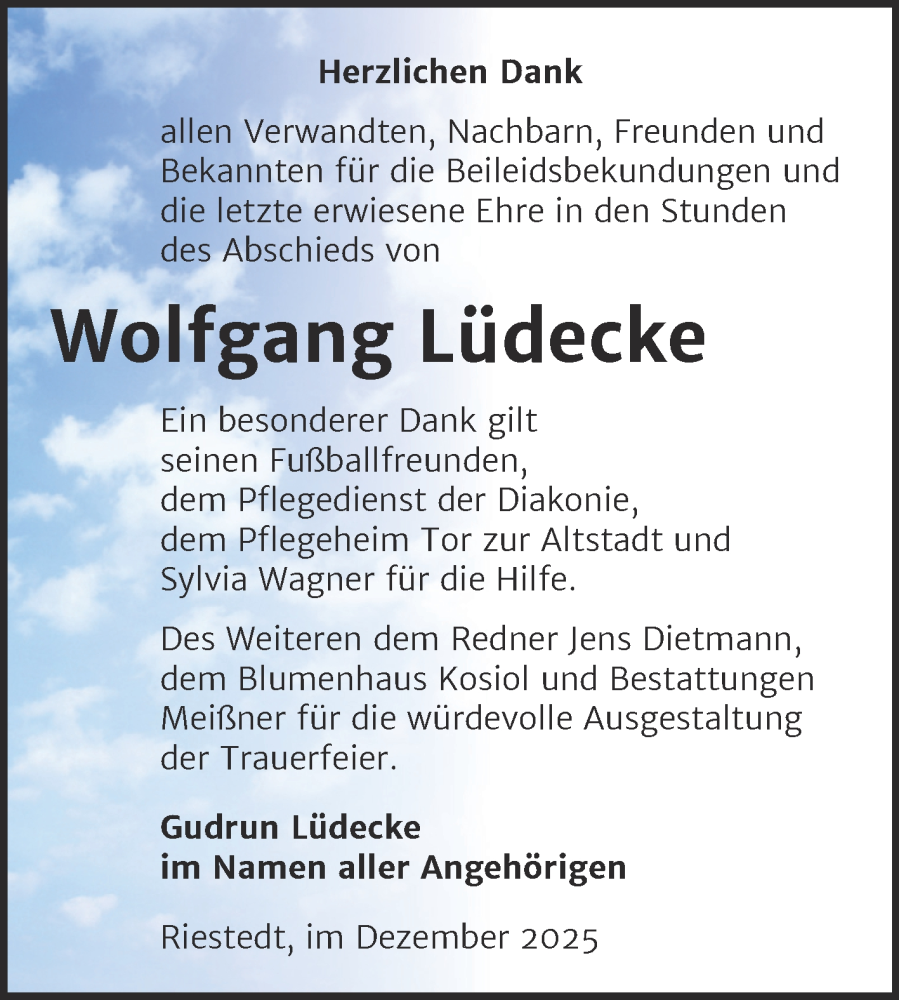  Traueranzeige für Wolfgang Lüdecke vom 13.12.2025 aus Trauerkombi Sangerhausen