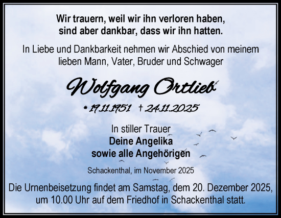 Traueranzeige von Wolfgang Ortlieb von Trauerkombi Aschersleben
