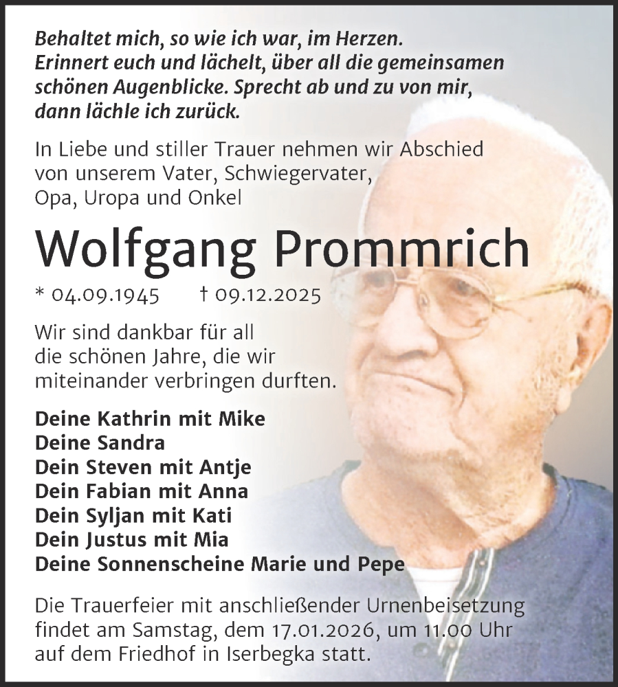  Traueranzeige für Wolfgang Prommrich vom 13.12.2025 aus Trauerkombi Wittenberg