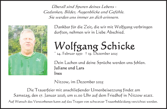 Traueranzeige von Wolfgang Schicke von Volksstimme Altmark Ost