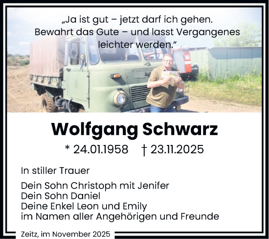 Traueranzeige von Wolfgang Schwarz von Trauerkombi Zeitz