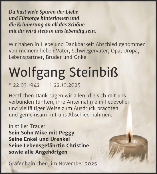 Traueranzeige von Wolfgang Steinbiß von Trauerkombi Wittenberg