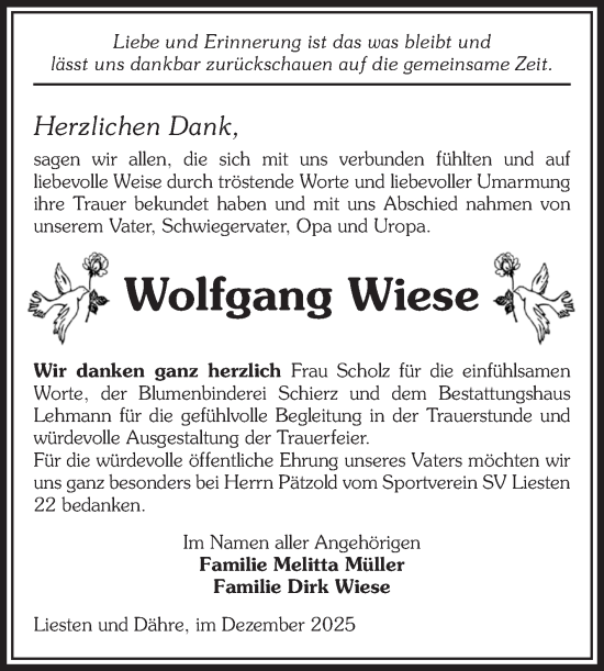 Traueranzeige von Wolfgang Wiese von Volksstimme Altmark West