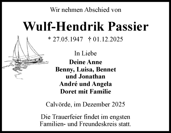 Traueranzeige von Wulf-Hendrik Passier von Volksstimme Haldensleben/Wolmirstedt