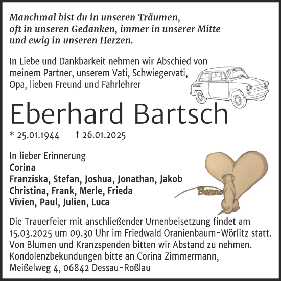 Traueranzeige von Eberhard Bartsch von Trauerkombi Dessau