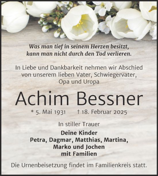 Traueranzeige von Achim Bessner von Trauerkombi Zeitz