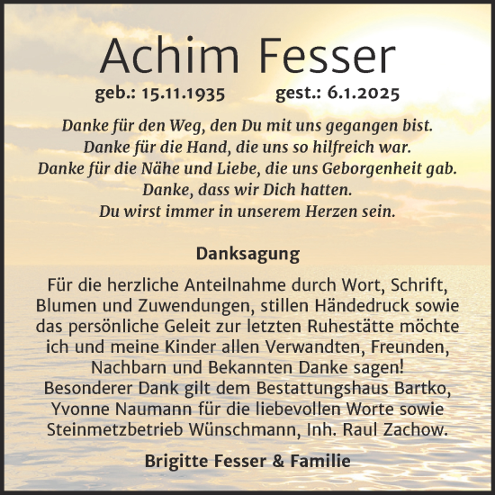 Traueranzeige von Achim Fesser von Trauerkombi Köthen