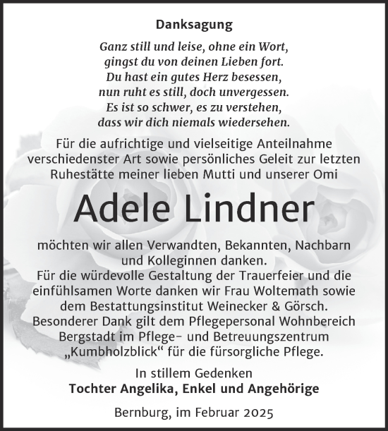 Traueranzeige von Adele Lindner von Trauerkombi Bernburg