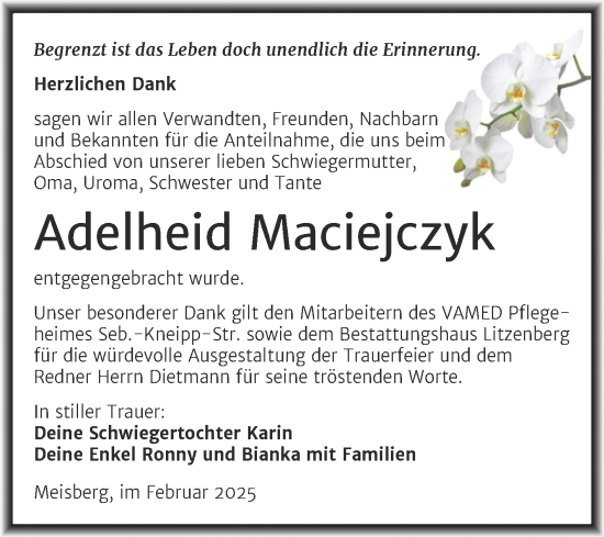 Traueranzeige von Adelheid Maciejczyk von Trauerkombi Mansfelder Land