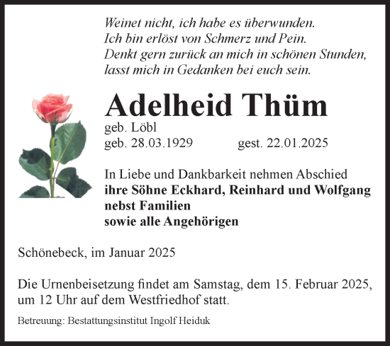 Traueranzeige von Adelheid Thüm von Volksstimme Schönebeck