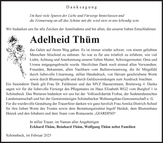 Traueranzeige von Adelheid Thüm von Volksstimme Schönebeck