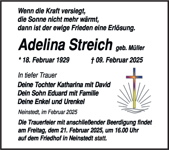 Traueranzeige von Adelina Streich von Trauerkombi Quedlinburg