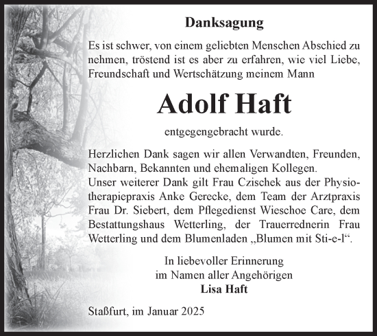 Traueranzeige von Adolf Haft 