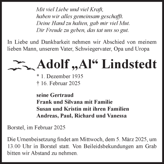 Traueranzeige von Adolf Lindstedt von Volksstimme Altmark Ost