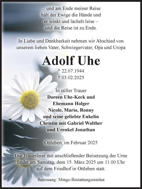 Traueranzeige von Adolf Uhe von Volksstimme Oschersleben/Wanzleben