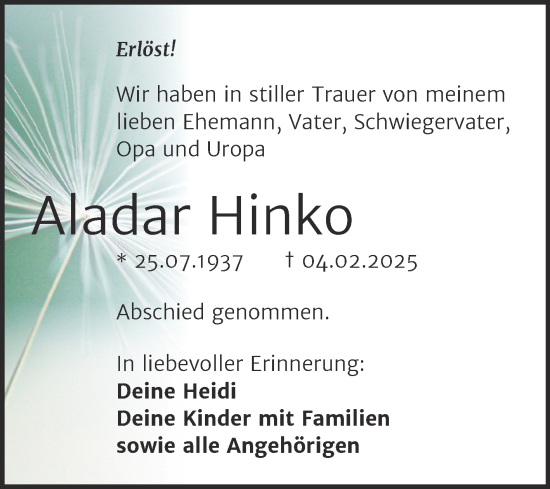 Traueranzeige von Aladar Hinko von Trauerkombi Mansfelder Land