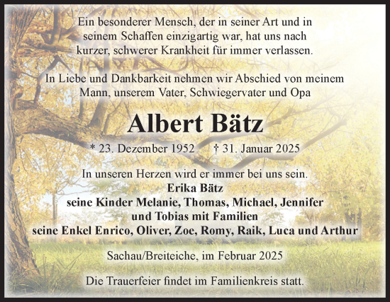 Traueranzeige von Albert Bätz von Volksstimme Altmark West