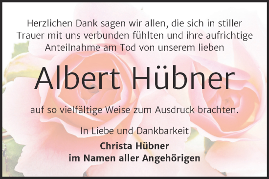 Traueranzeige von Albert Hübner von Trauerkombi Bernburg