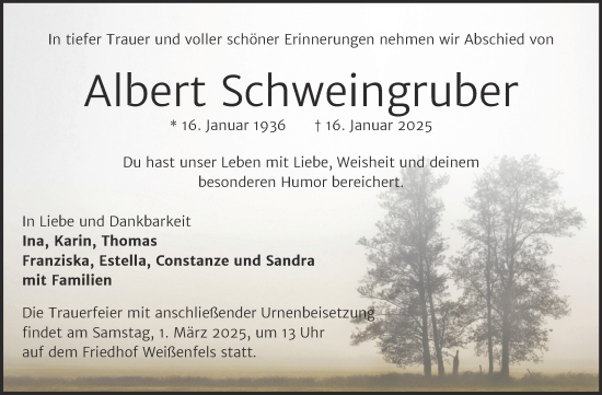 Traueranzeige von Albert Schweingruber von Trauerkombi Weißenfels