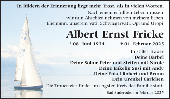 Traueranzeige von Albert Ernst Fricke von Trauerkombi Quedlinburg