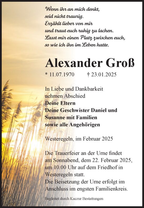 Traueranzeige von Alexander Groß von Volksstimme Staßfurt