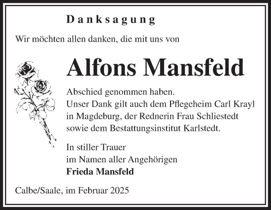 Traueranzeige von Alfons Mansfeld von Volksstimme Schönebeck