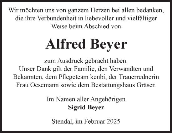 Traueranzeige von Alfred Beyer von Volksstimme Altmark Ost