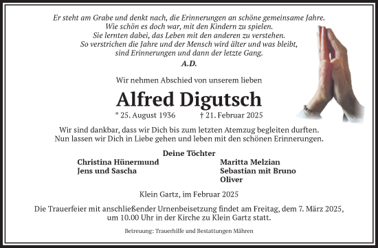 Traueranzeige von Alfred Digutsch von Volksstimme Altmark West