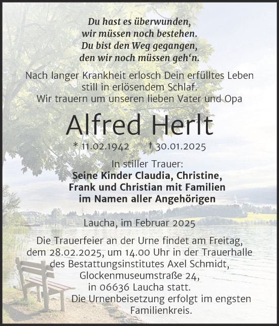 Traueranzeige von Alfred Herlt von Naumburger Tageblatt