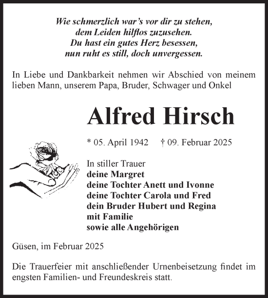Traueranzeige von Alfred Hirsch von Volksstimme Burg/Genthin