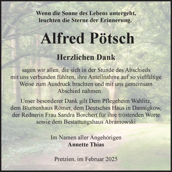 Traueranzeige von Alfred Pötsch von Volksstimme Burg/Genthin