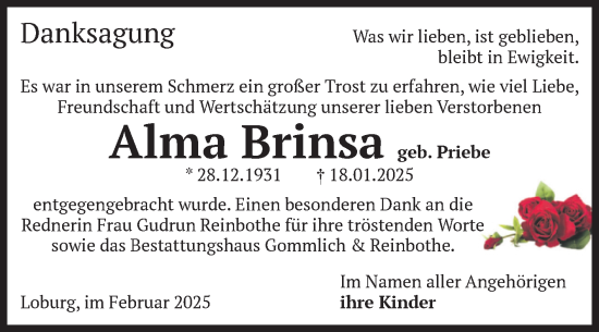Traueranzeige von Alma Brinsa von Volksstimme Burg/Genthin