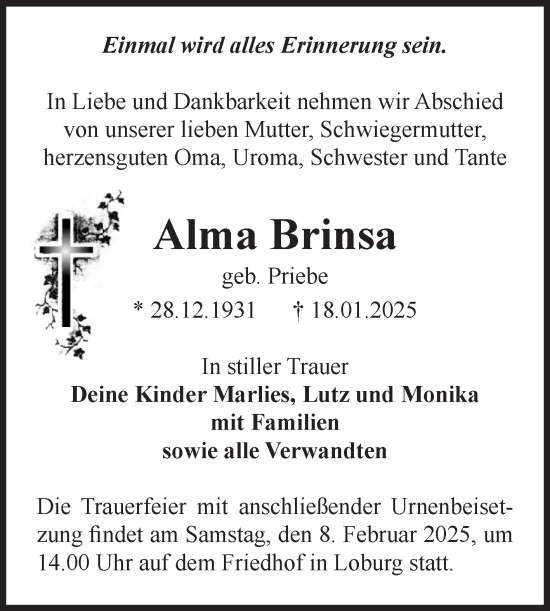 Traueranzeige von Alma Brinsa von Volksstimme Burg/Genthin