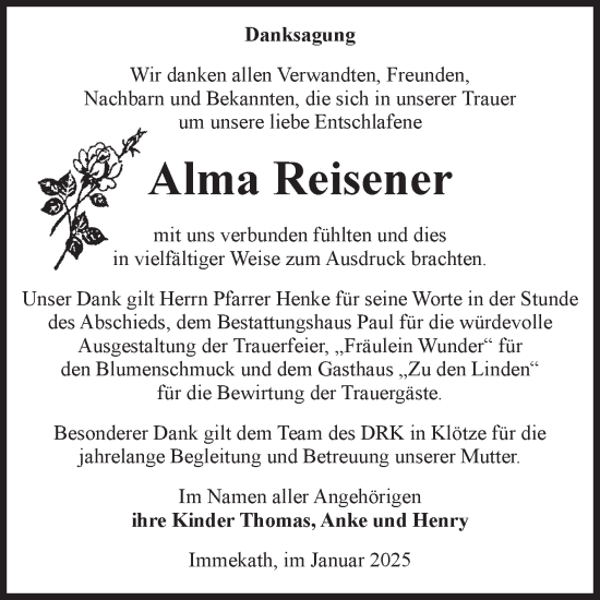 Traueranzeige von Alma Reisener von Volksstimme Altmark West