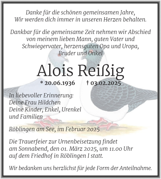 Traueranzeige von Alois Reißig von Trauerkombi Mansfelder Land