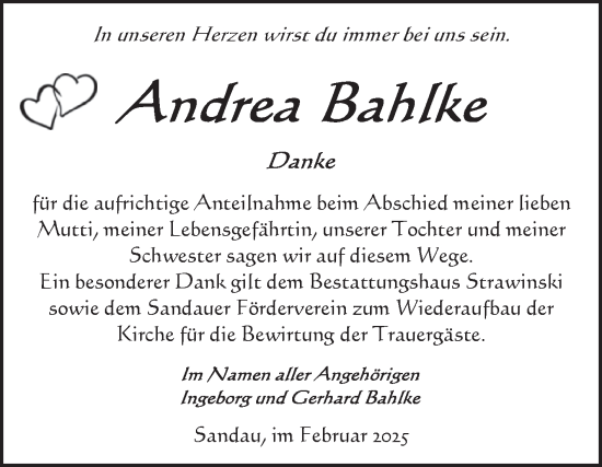 Traueranzeige von Andrea Bahlke von Volksstimme Altmark Ost