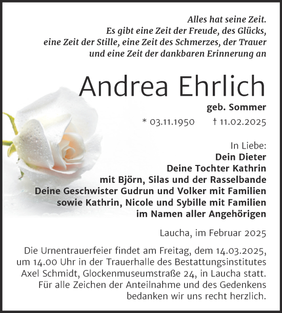 Traueranzeige von Andrea Ehrlich von Super Sonntag Naumburg/Nebra
