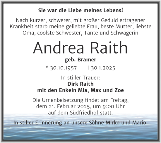 Traueranzeige von Andrea Raith von Mitteldeutsche Zeitung Halle/Saalkreis
