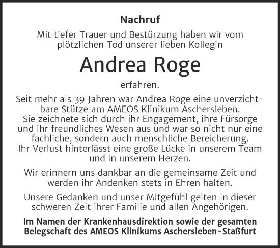 Traueranzeige von Andrea Roge von Mitteldeutsche Zeitung Aschersleben