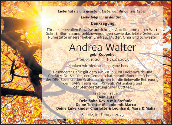 Traueranzeige von Andrea Walter von Trauerkombi Wittenberg