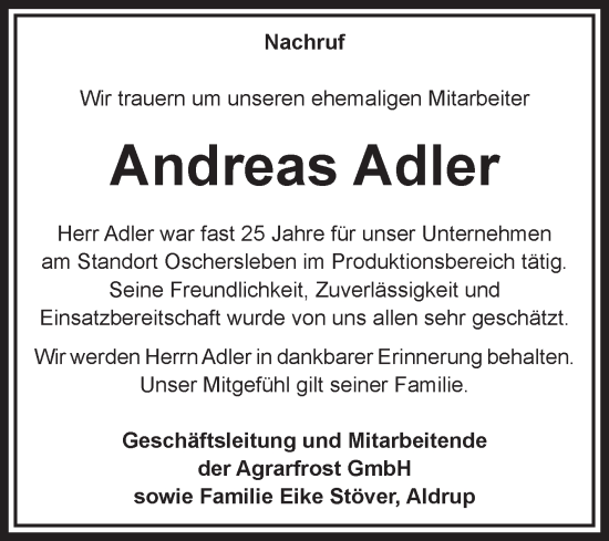 Traueranzeige von Andreas Adler von Volksstimme Magdeburg