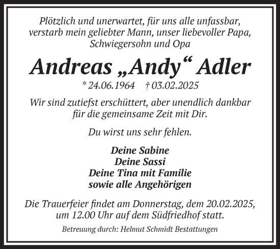 Traueranzeige von Andreas Adler von Volksstimme Magdeburg