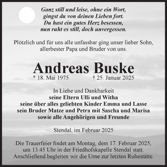 Traueranzeige von Andreas Buske von Volksstimme Altmark Ost
