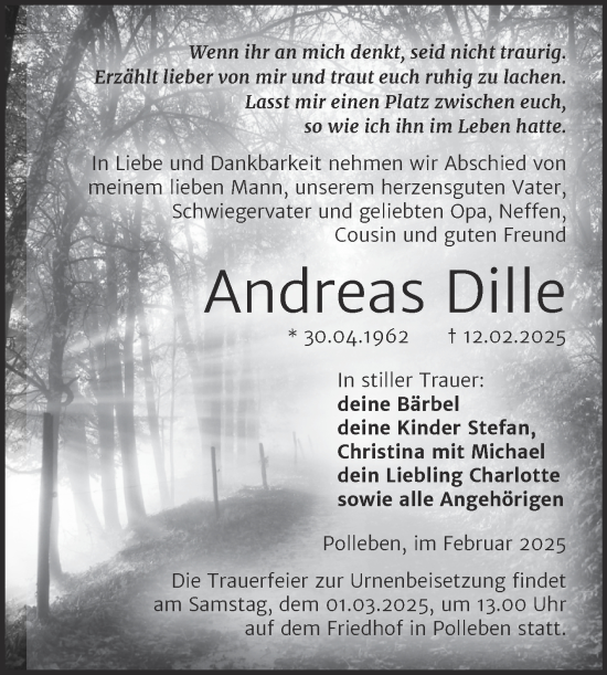 Traueranzeige von Andreas Dille von Trauerkombi Mansfelder Land