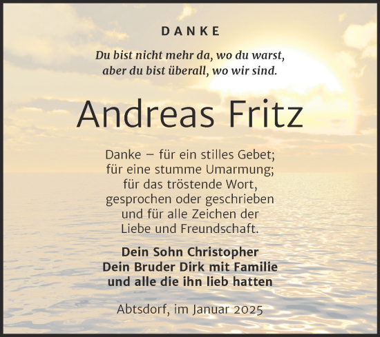 Traueranzeige von Andreas Fritz von Trauerkombi Wittenberg
