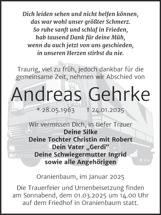 Traueranzeige von Andreas Gehrke von Trauerkombi Wittenberg