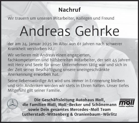 Traueranzeige von Andreas Gehrke von Super Sonntag Wittenberg